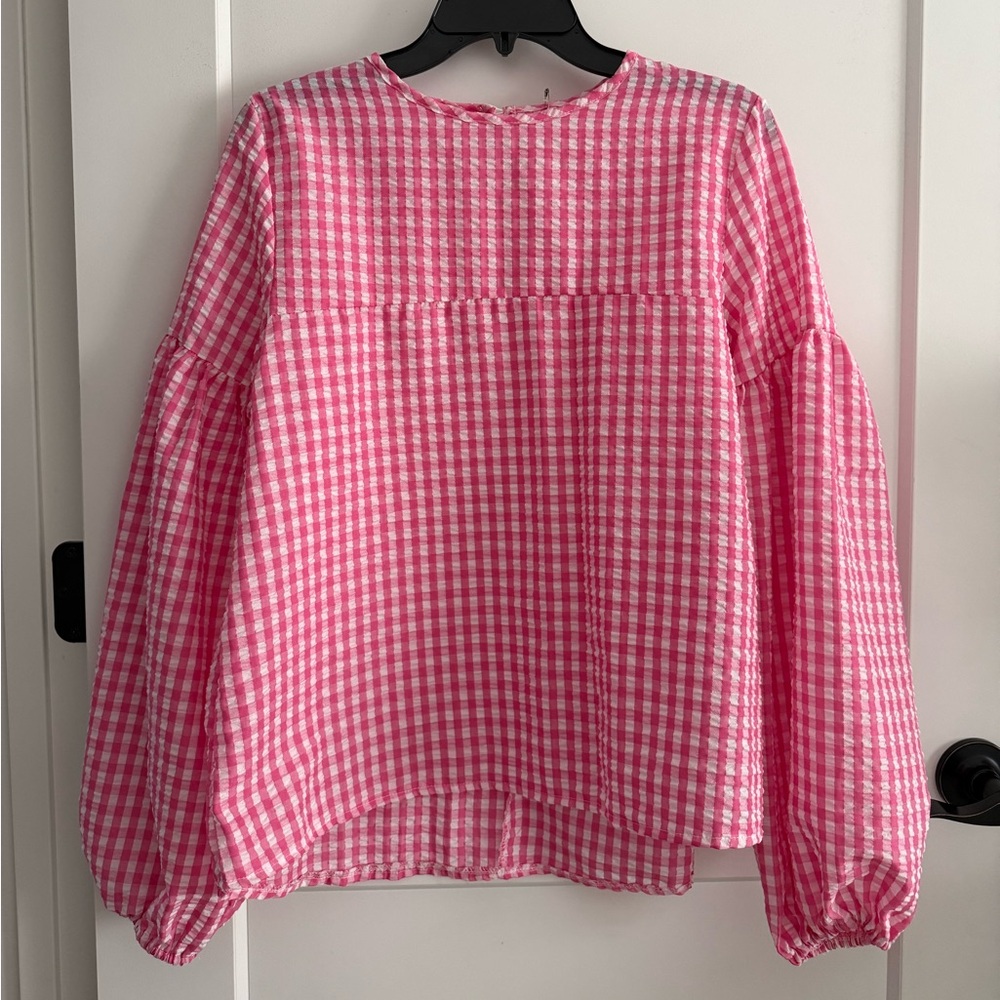 Pink Gingham Balloon-Sleeve Women's Top
